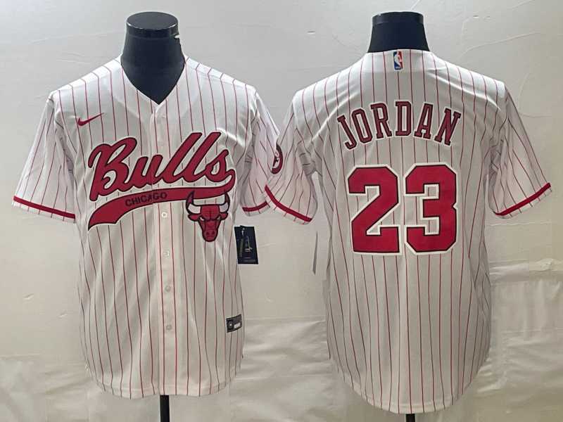 Men%27s Chicago Bulls #23 Michael Jordan White Pinstripe Cool Base Stitched Baseball Jersey->chicago bulls->NBA Jersey